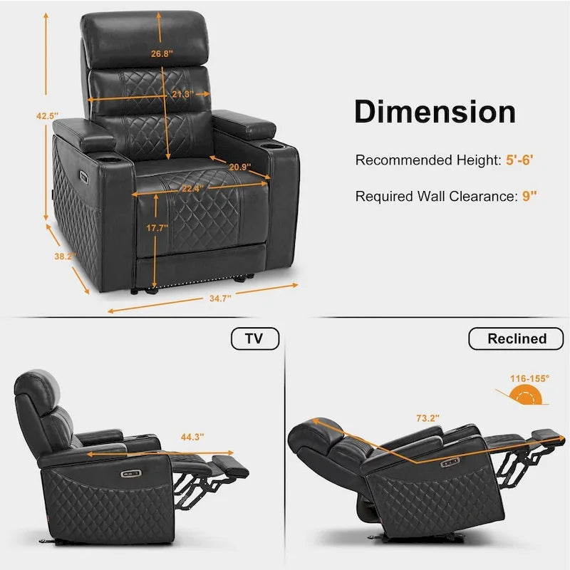 Fauteuil inclinable électrique MCombo, Canapé inclinable électrique avec appuie-tête réglable et port USB et Type C, Similicuir HTS432
