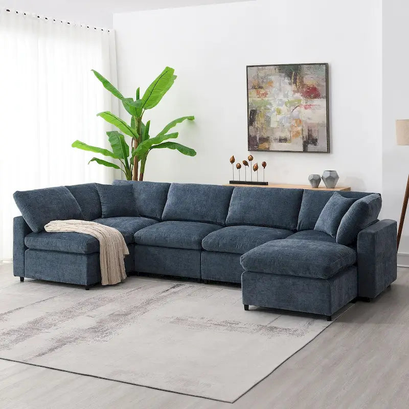 Canapé-lit sectionnel en chenille 6 places avec pouf, convertible en U, bleu foncé