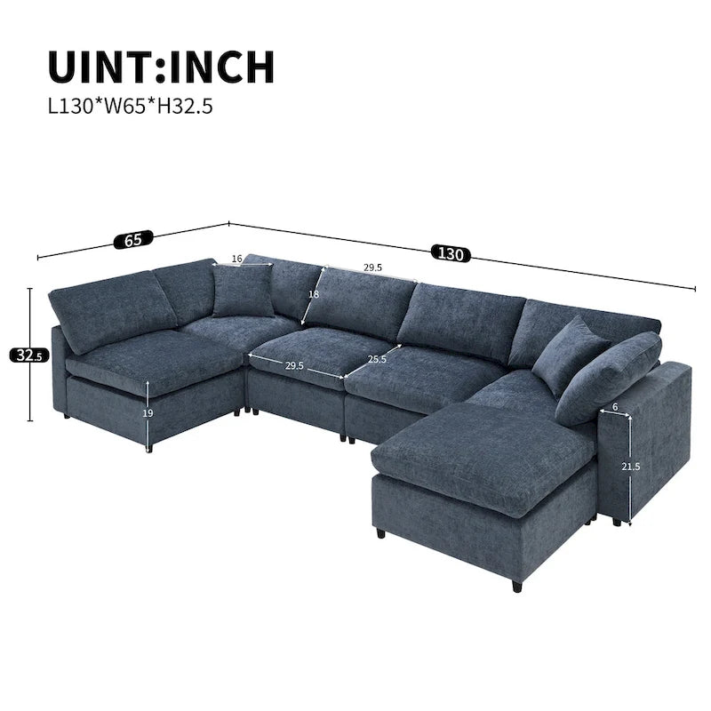 Canapé-lit sectionnel en chenille 6 places avec pouf, convertible en U, bleu foncé