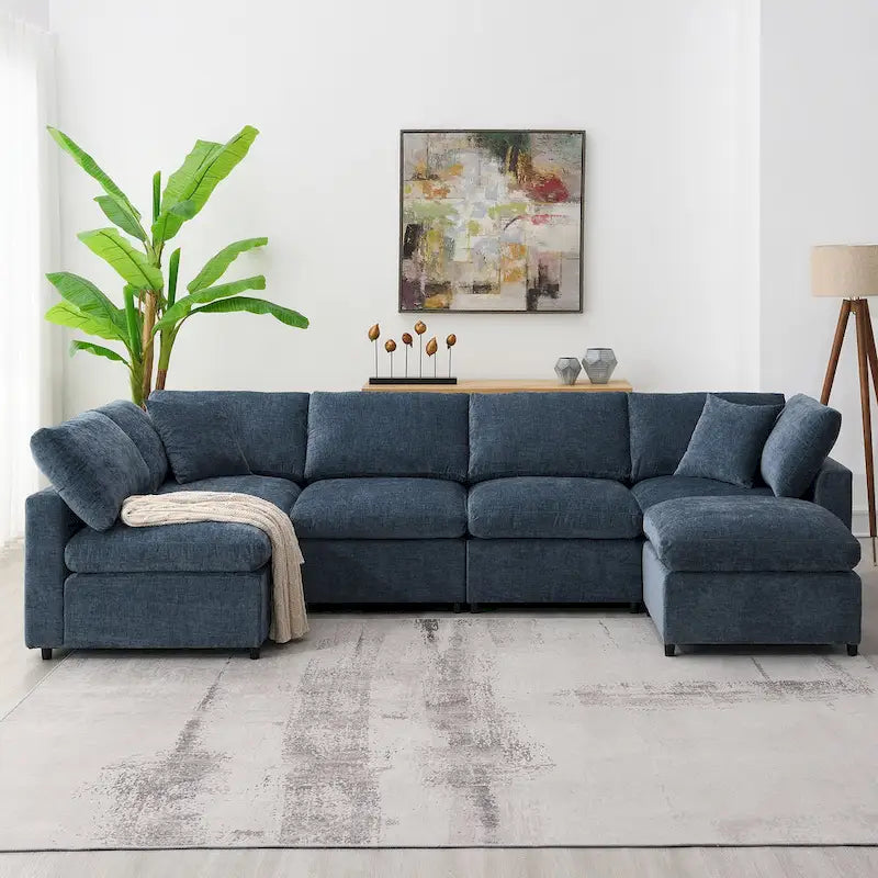 Canapé-lit sectionnel en chenille 6 places avec pouf, convertible en U, bleu foncé