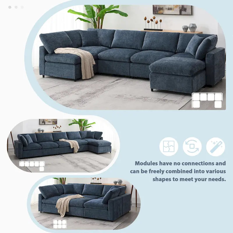 Canapé-lit sectionnel en chenille 6 places avec pouf, convertible en U, bleu foncé