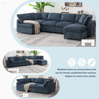 Canapé-lit sectionnel en chenille 6 places avec pouf, convertible en U, bleu foncé