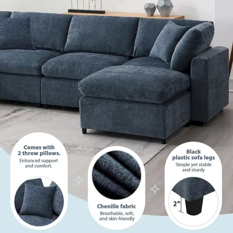 Canapé-lit sectionnel en chenille 6 places avec pouf, convertible en U, bleu foncé