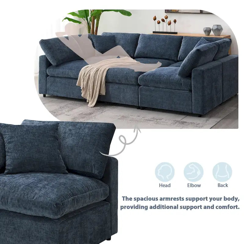 Canapé-lit sectionnel en chenille 6 places avec pouf, convertible en U, bleu foncé