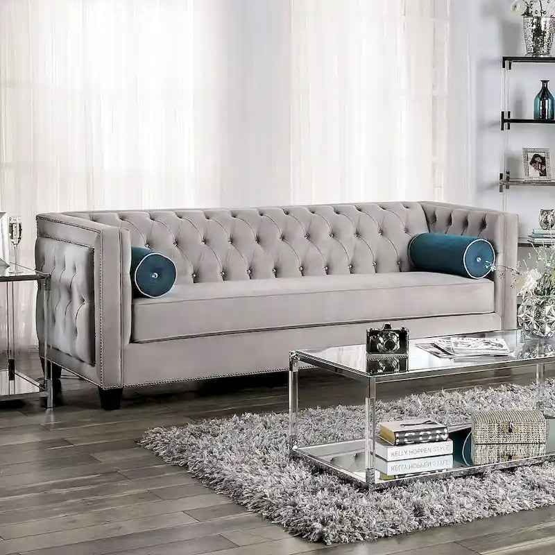 Canapé en tissu velours capitonné gris