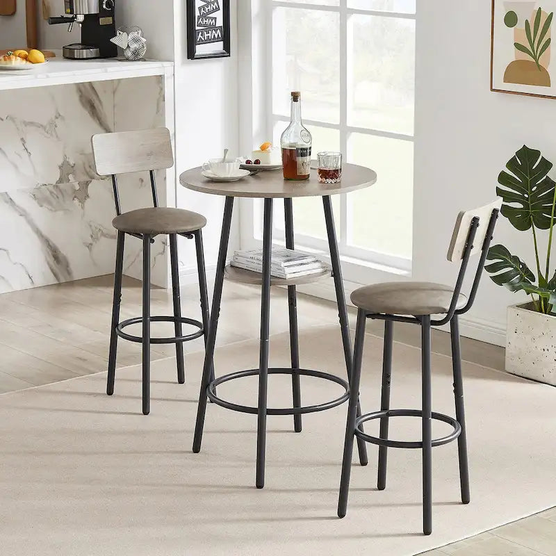 Ensemble table de bar ronde de style industriel avec 2 tabourets de bar en similicuir et étagère, hauteur comptoir