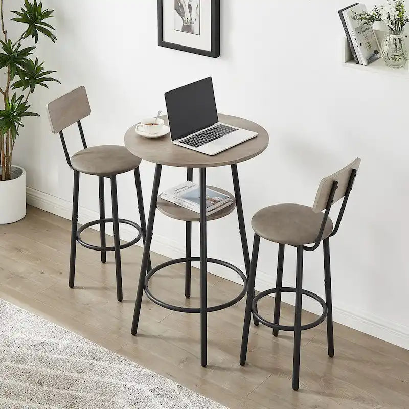 Ensemble table de bar ronde de style industriel avec 2 tabourets de bar en similicuir et étagère, hauteur comptoir
