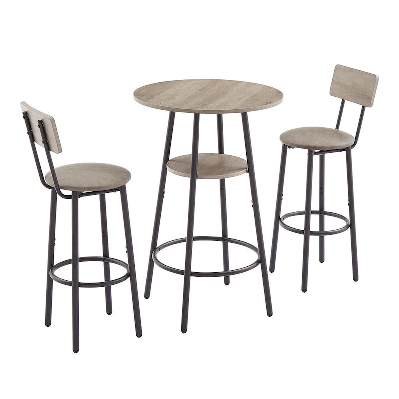 Ensemble table de bar ronde de style industriel avec 2 tabourets de bar en similicuir et étagère, hauteur comptoir