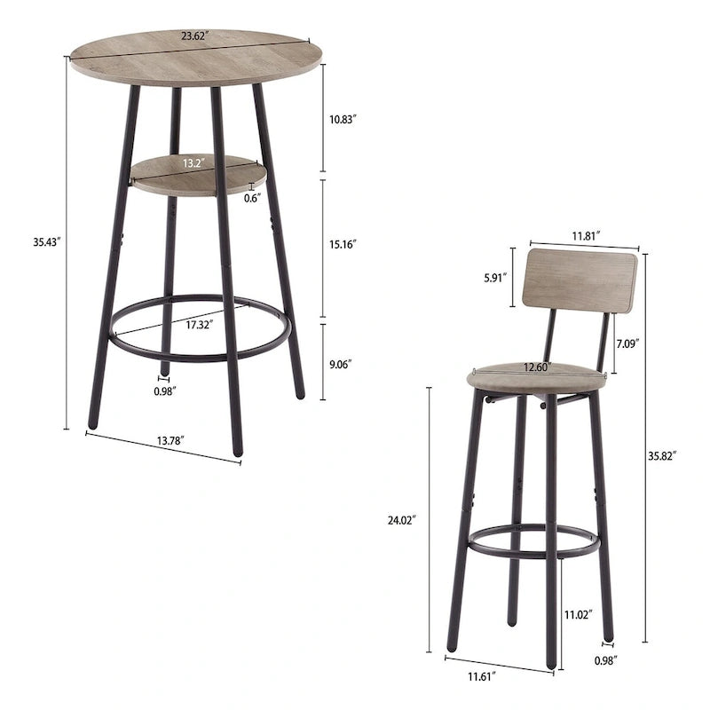 Ensemble table de bar ronde de style industriel avec 2 tabourets de bar en similicuir et étagère, hauteur comptoir