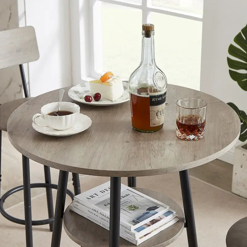 Ensemble table de bar ronde de style industriel avec 2 tabourets de bar en similicuir et étagère, hauteur comptoir