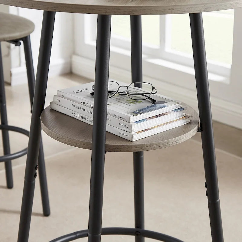 Ensemble table de bar ronde de style industriel avec 2 tabourets de bar en similicuir et étagère, hauteur comptoir