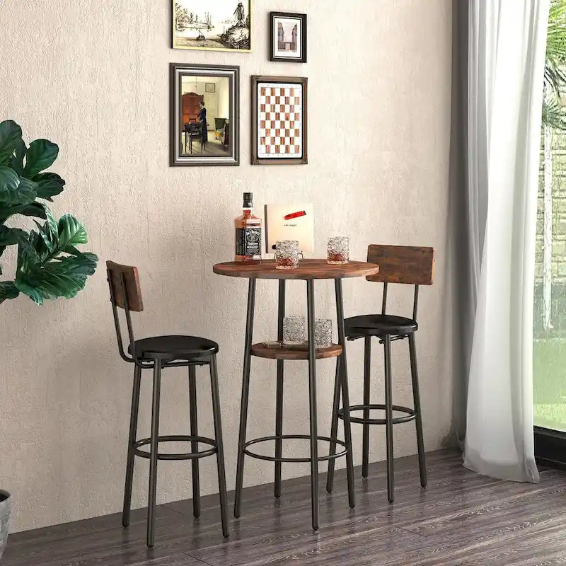 Ensemble table de bar ronde de style industriel avec 2 tabourets de bar en similicuir et étagère, hauteur comptoir