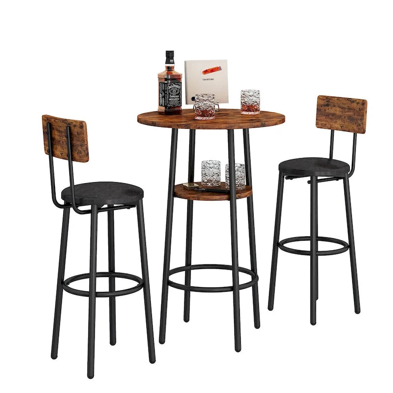 Ensemble table de bar ronde de style industriel avec 2 tabourets de bar en similicuir et étagère, hauteur comptoir