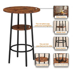 Ensemble table de bar ronde de style industriel avec 2 tabourets de bar en similicuir et étagère, hauteur comptoir