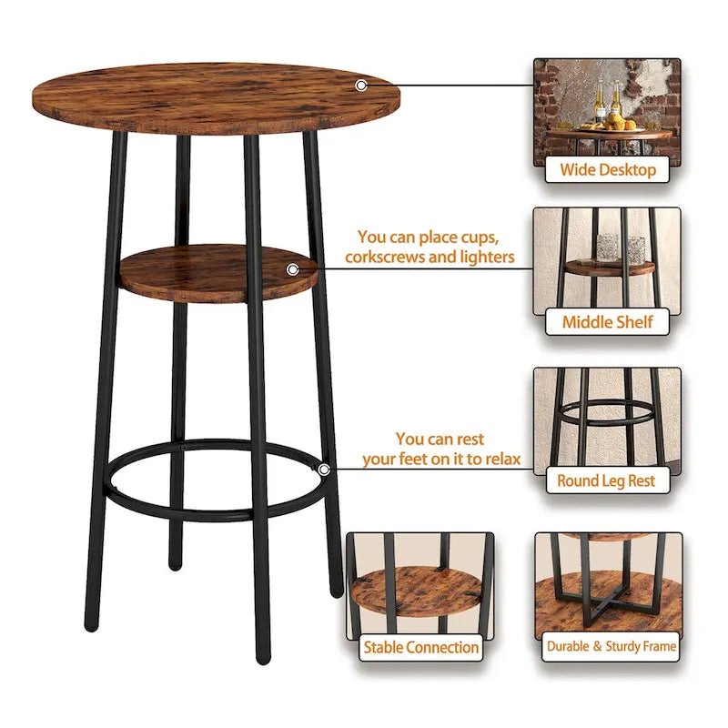 Ensemble table de bar ronde de style industriel avec 2 tabourets de bar en similicuir et étagère, hauteur comptoir