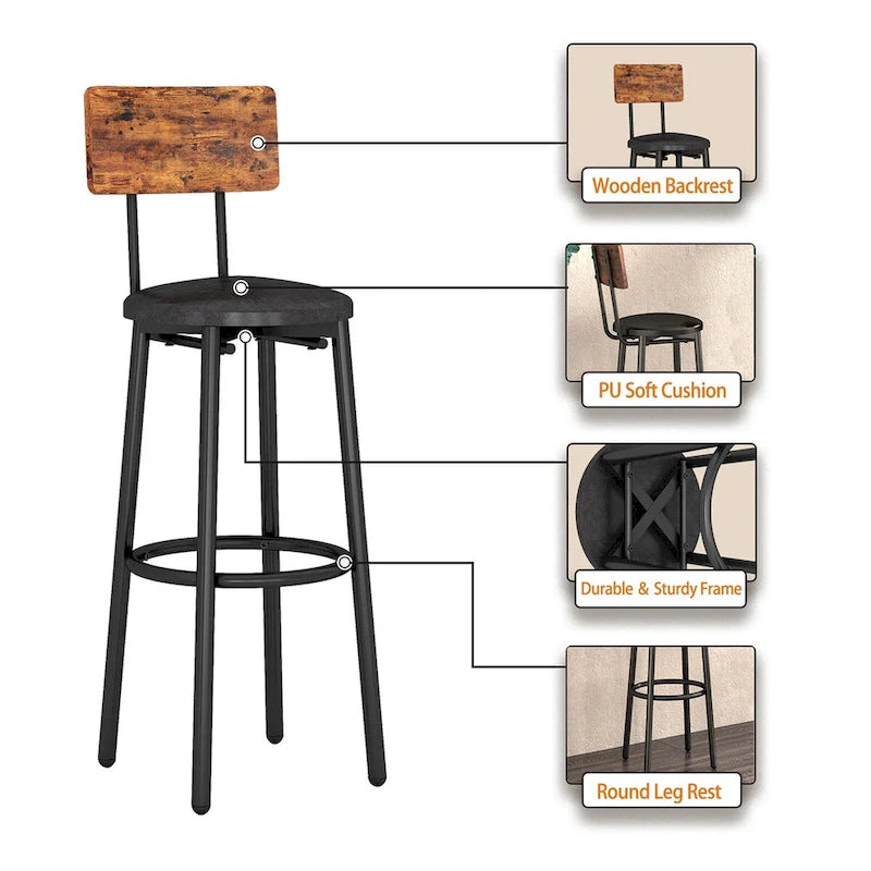 Ensemble table de bar ronde de style industriel avec 2 tabourets de bar en similicuir et étagère, hauteur comptoir