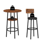 Ensemble table de bar ronde de style industriel avec 2 tabourets de bar en similicuir et étagère, hauteur comptoir
