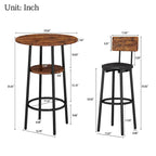 Ensemble table de bar ronde de style industriel avec 2 tabourets de bar en similicuir et étagère, hauteur comptoir