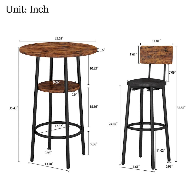 Ensemble table de bar ronde de style industriel avec 2 tabourets de bar en similicuir et étagère, hauteur comptoir