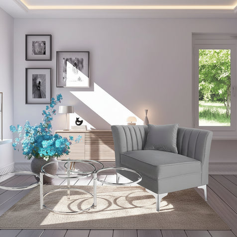 Table basse en verre transparent et chrome, style mouvement moderne